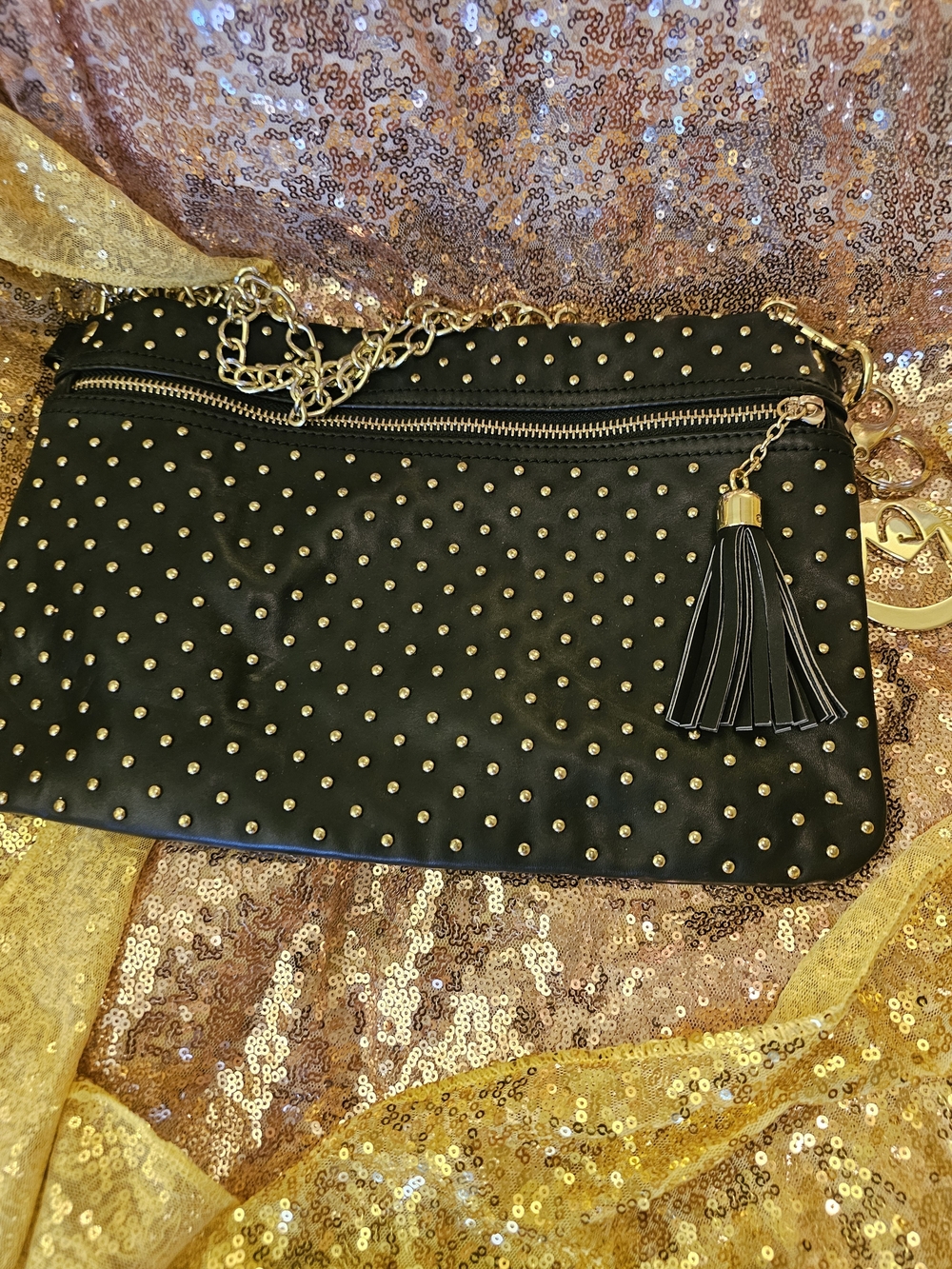 Black Studded Shoulder Bag with Gold Chain and Tassel